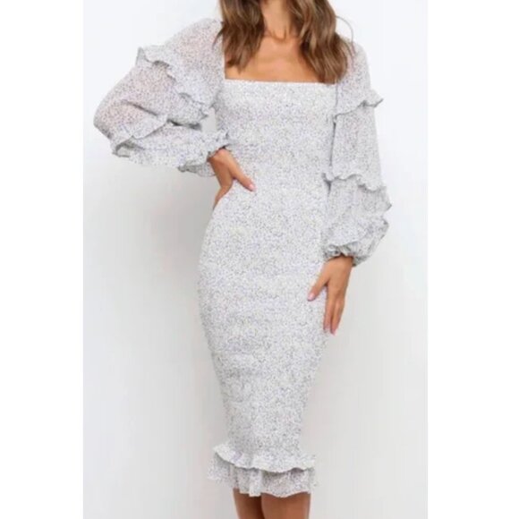 PETAL & PUP Leia Dress Cream Ivory Purple Floral Square Neck Long Sleeve Midi 8 - Picture 1 of 16
